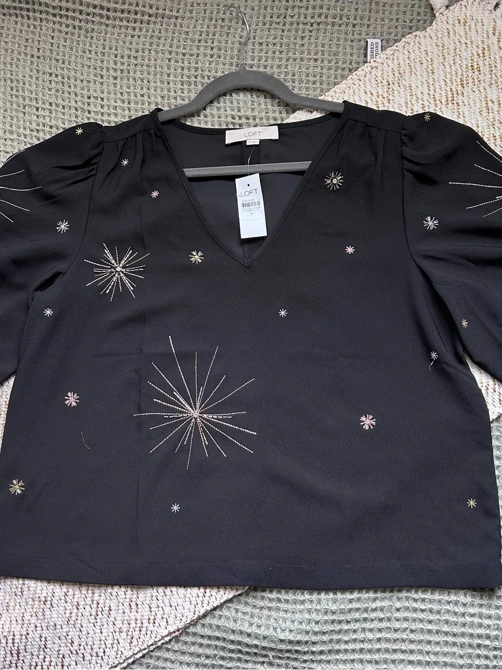 LOFT Black V-Neck Starburst Embroidered Puff-Sleeve Blouse